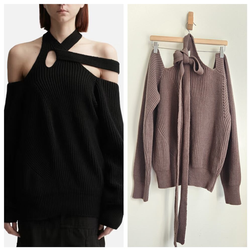Nache Halter Strap Sweater Womens 1/Small Olive Ribbed Chunky Knit Goth Grungee